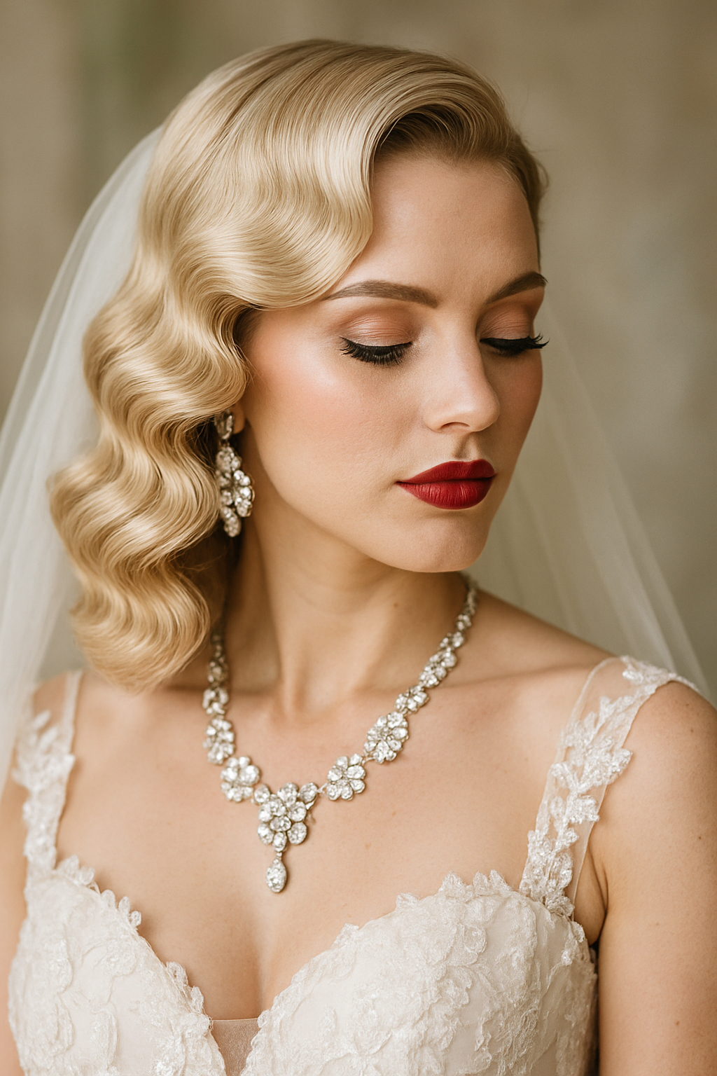 Bride with vintage Hollywood waves hairstyle, wearing a sparkling necklace and red lipstick.