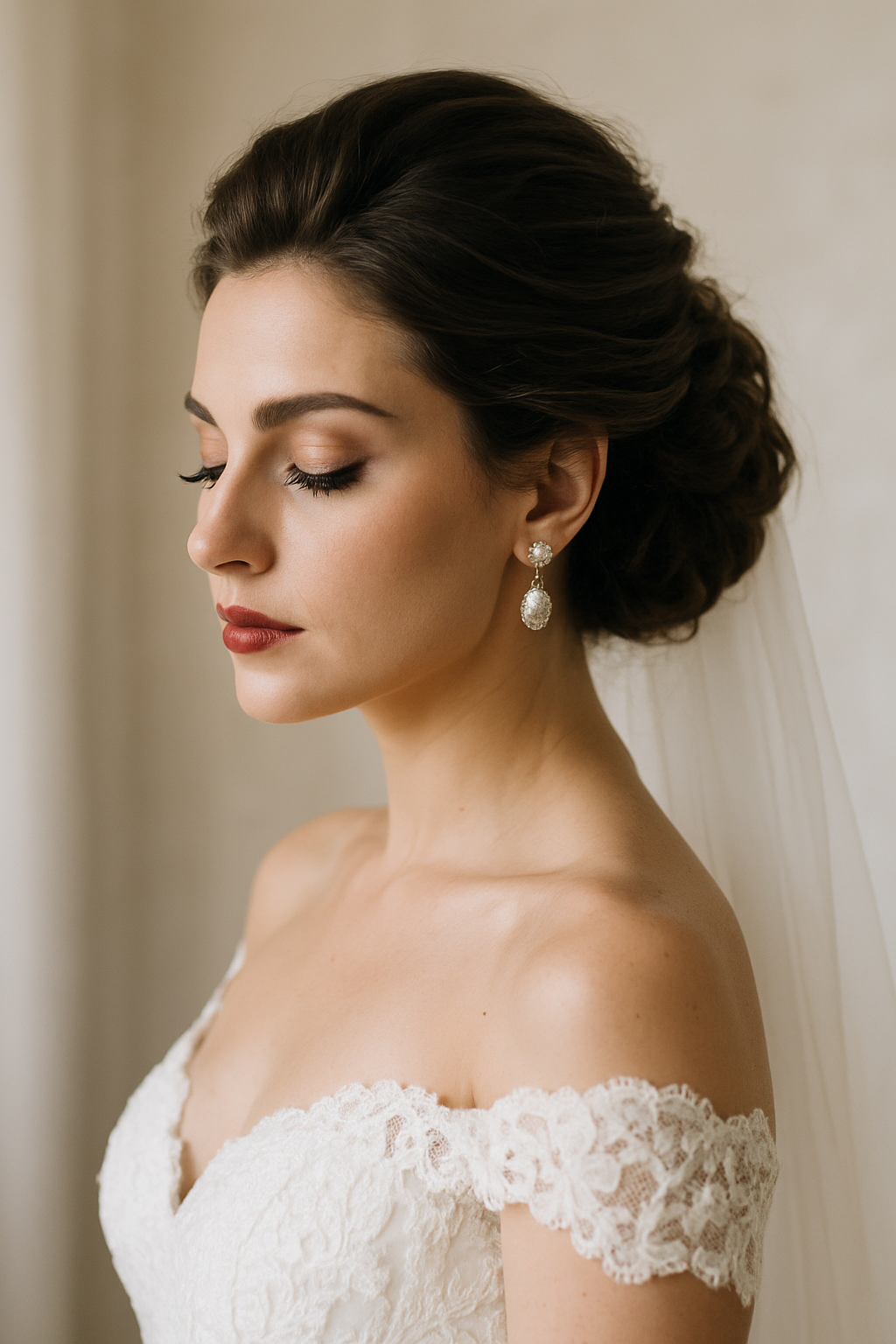 Bride with brunette hair styled in vintage Hollywood waves, wearing statement earrings