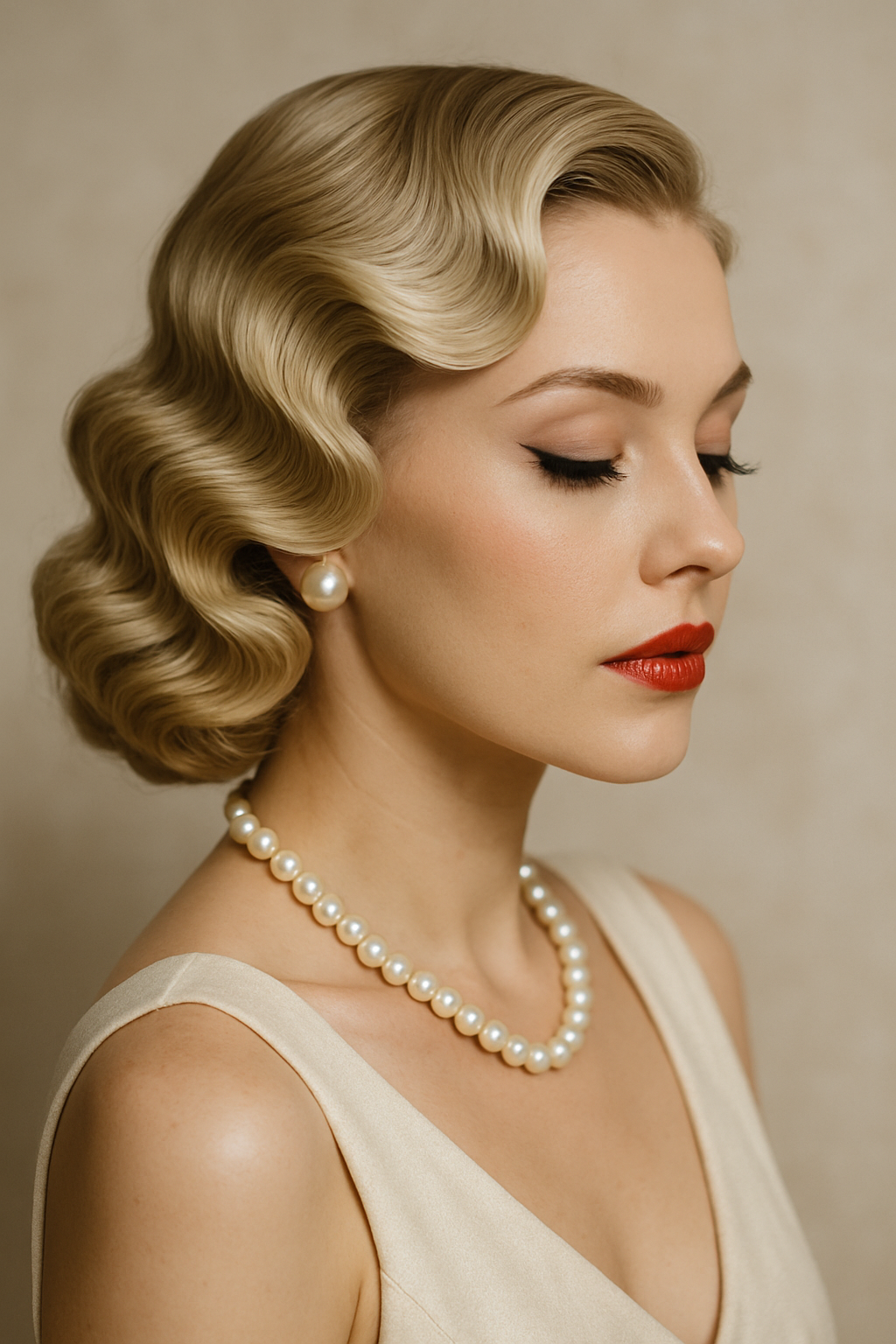 A woman with vintage Hollywood waves hairstyle, wearing a pearl necklace and red lipstick.