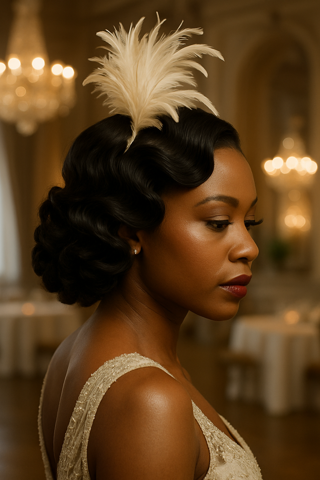 A bride with vintage Hollywood waves and a feather crown, showcasing elegance and glamour.