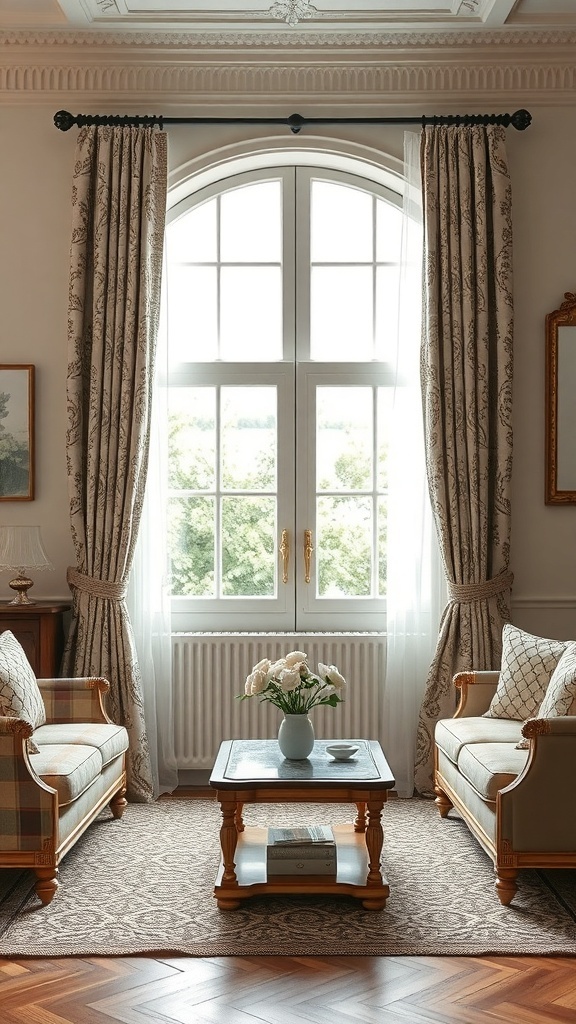 A vintage-inspired living room with double curtain rods framing a large window, featuring patterned curtains, cozy sofas, and a wooden coffee table.
