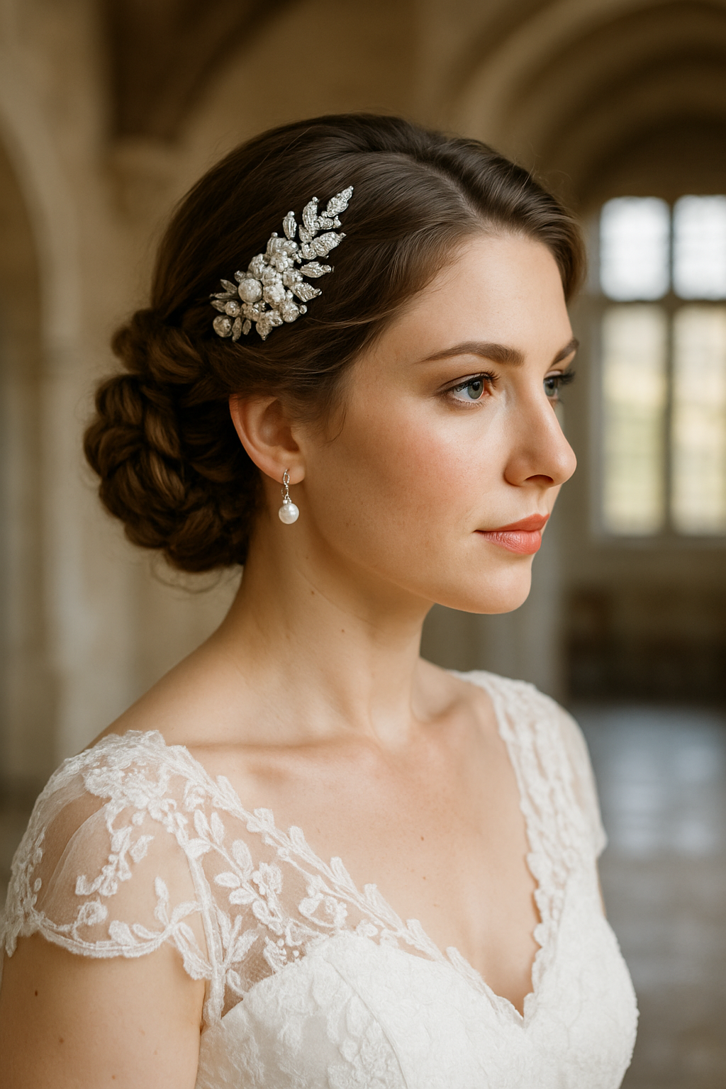 A bride with a vintage inspired braided updo, featuring a delicate hairpiece and soft makeup.
