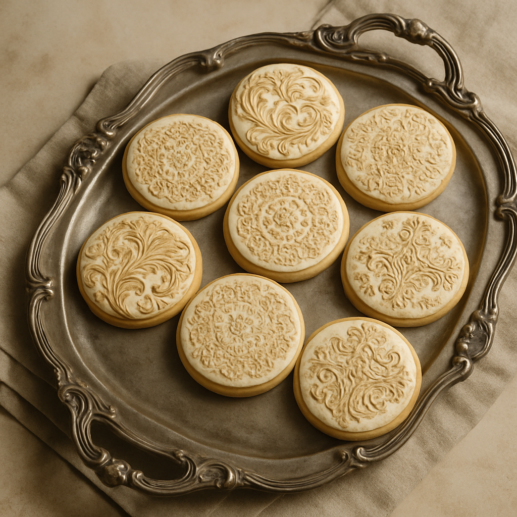 A silver platter filled with vintage-inspired cookies featuring intricate designs.