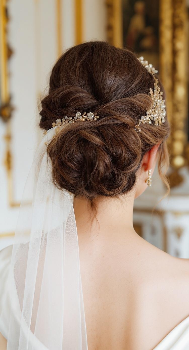A vintage inspired curly bun hairstyle for a bride, featuring soft curls and a delicate veil.