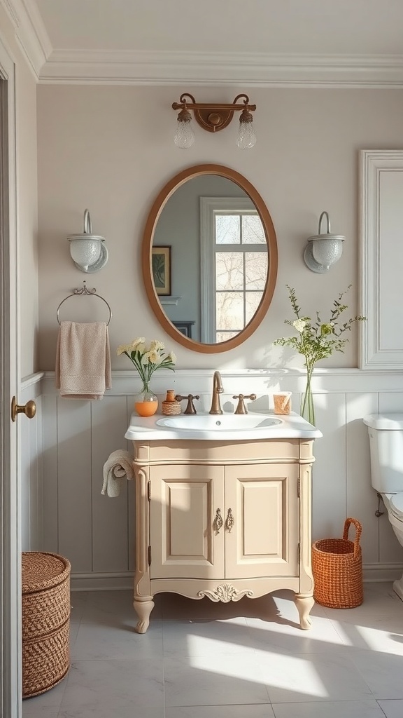 A single sink bathroom vanity featuring a beige vintage-style cabinet, a round mirror, and vintage lighting fixtures.