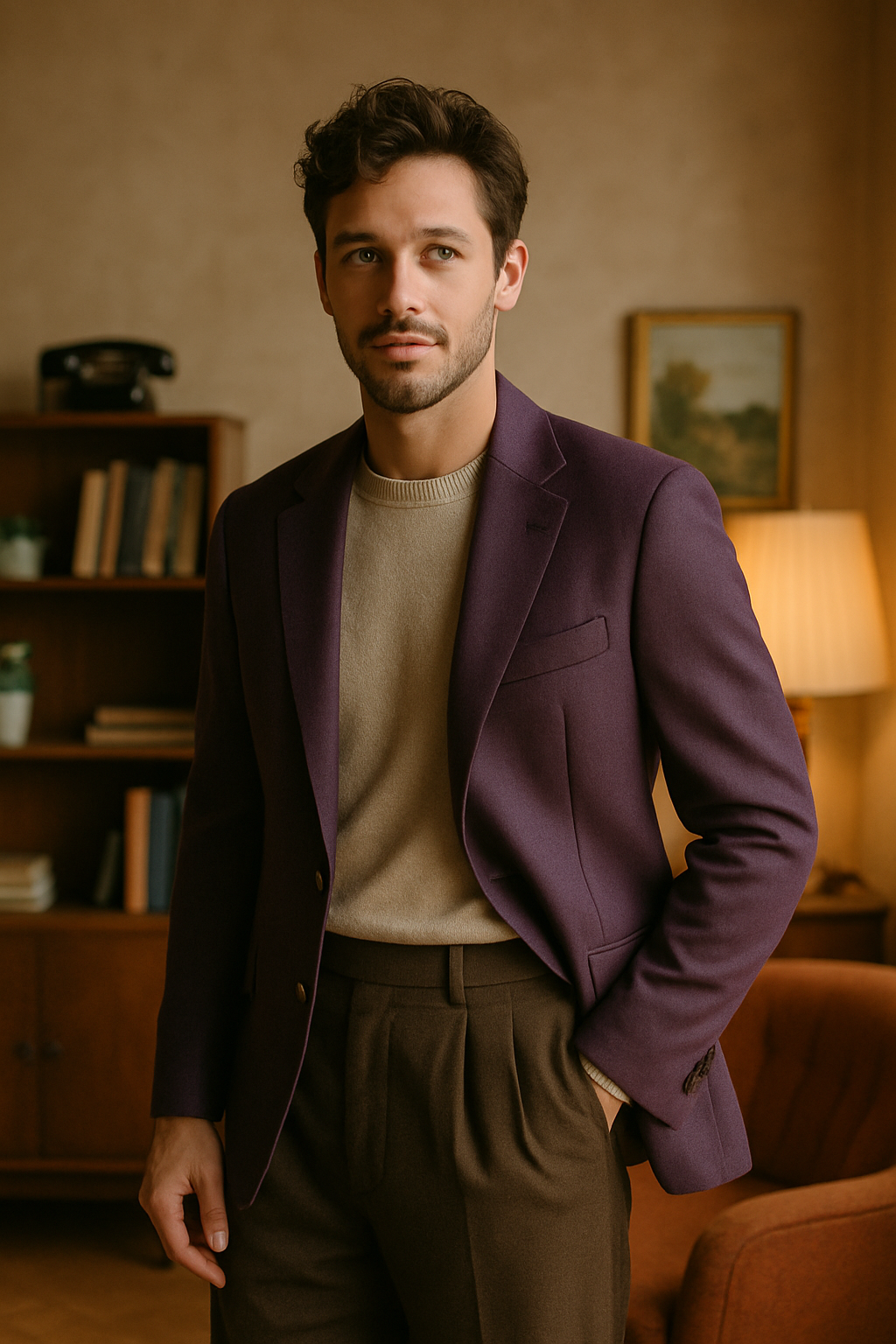 A man in a vintage-styled purple blazer paired with a light sweater and tailored trousers, showcasing a classic and stylish look.