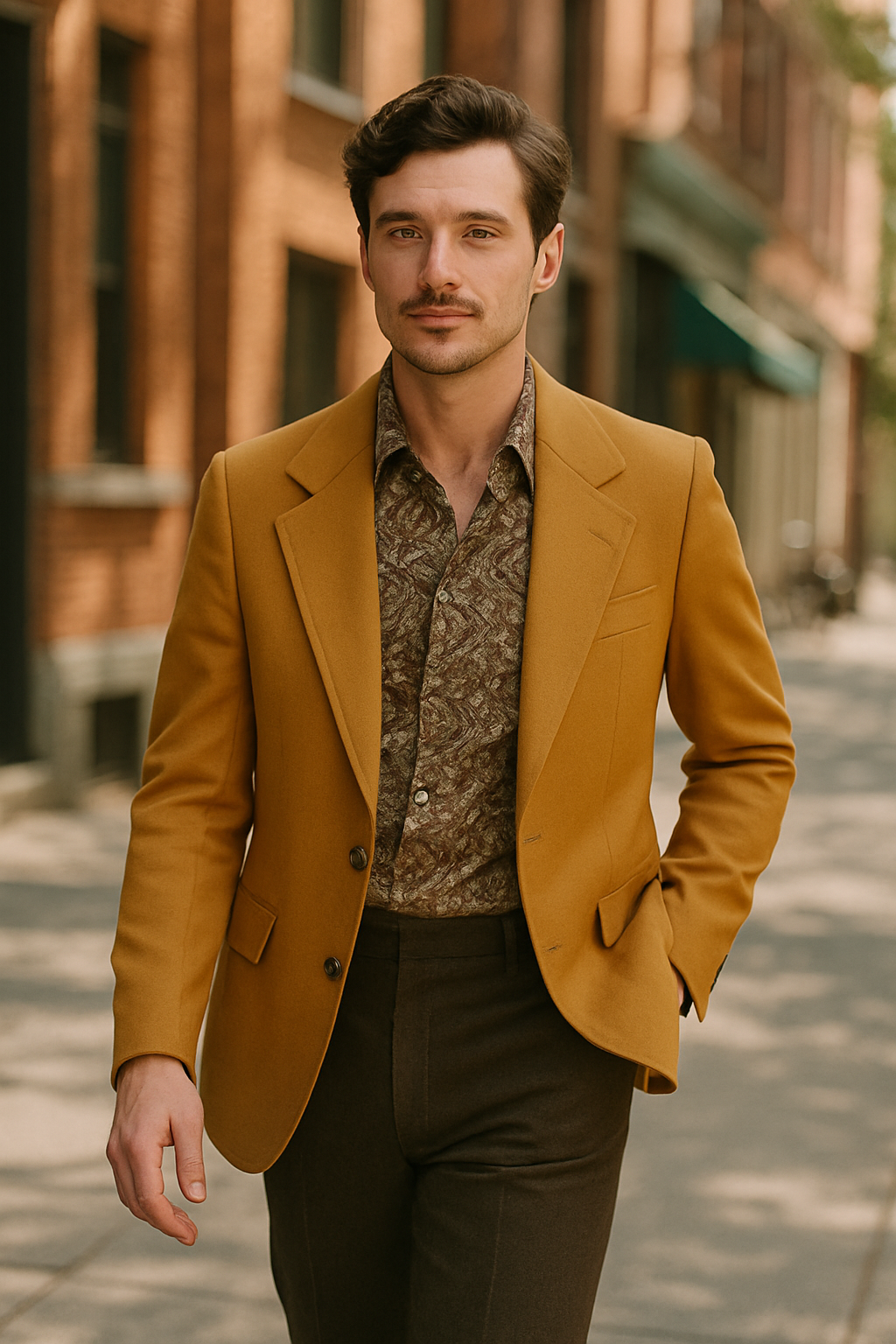 Man wearing a mustard bold colored blazer with a patterned shirt, walking on a city street.