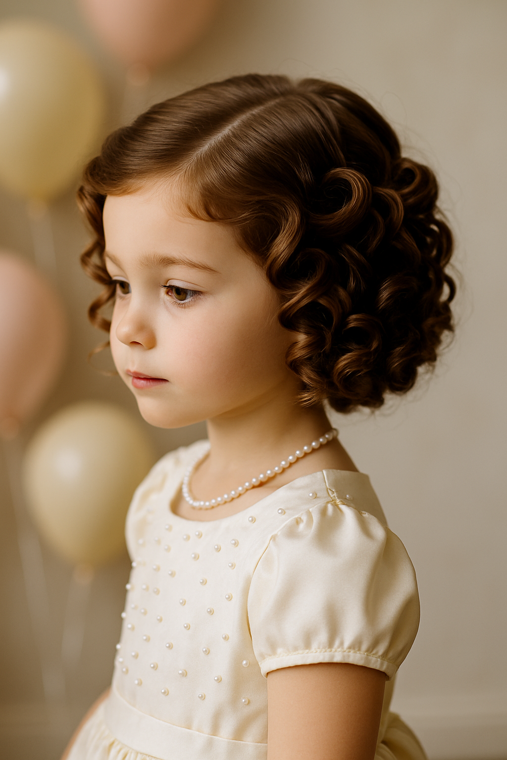 A young girl with vintage inspired ringlets, wearing a pearl necklace and a light-colored dress, with balloons in the background.
