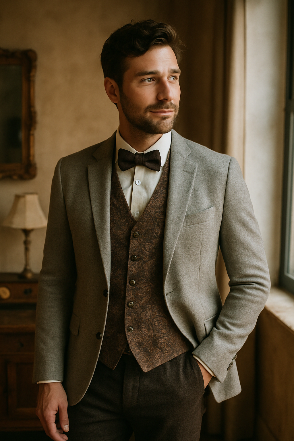 Man in a light grey blazer with a brown waistcoat and bow tie, embodying vintage style.