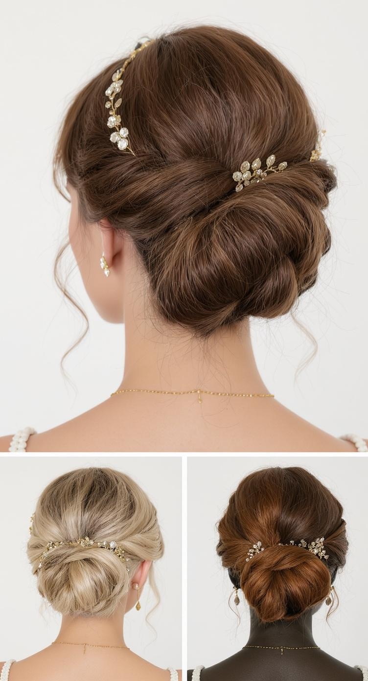 Three variations of vintage inspired bridesmaid updos with floral accessories.