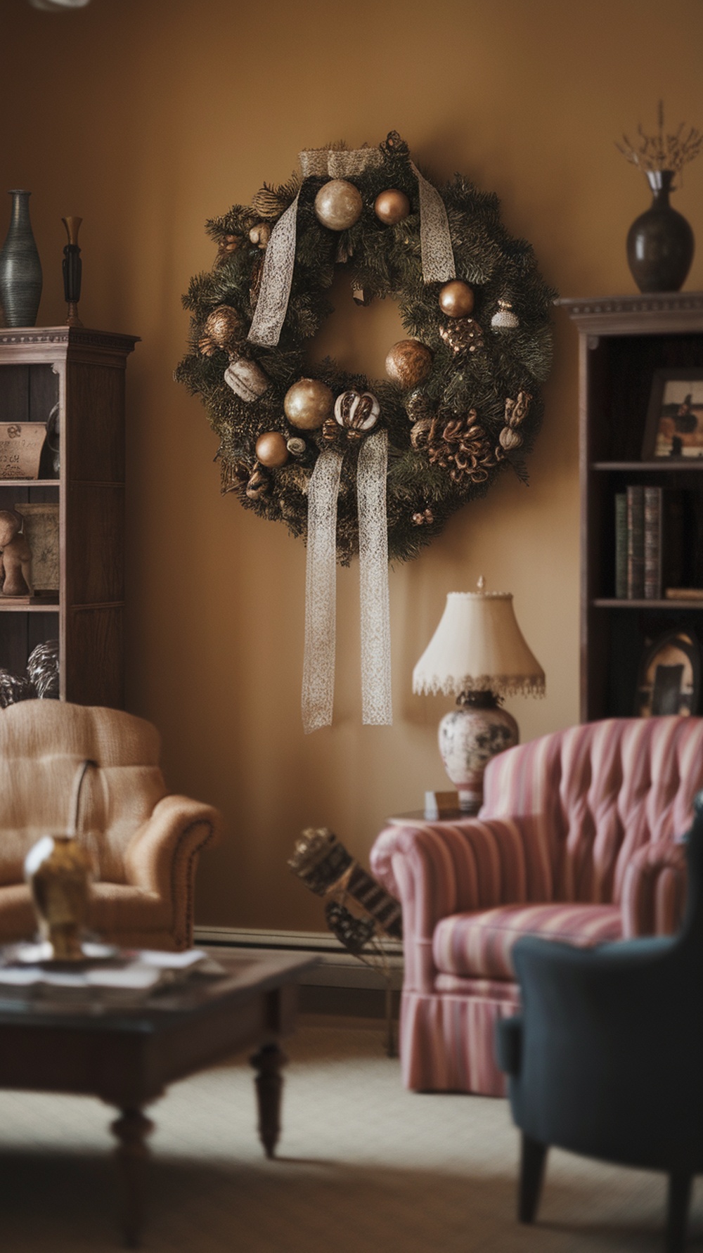 A vintage-inspired Christmas wreath with ornaments and ribbons, displayed in a cozy living room.