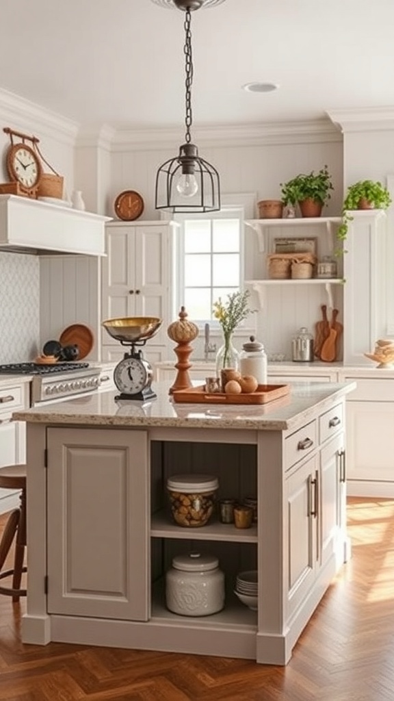 A beautifully decorated kitchen island featuring vintage kitchenware accents.