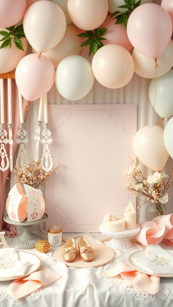 A beautifully arranged baby shower setting featuring pastel balloons, lace accents, and a blank invitation card.
