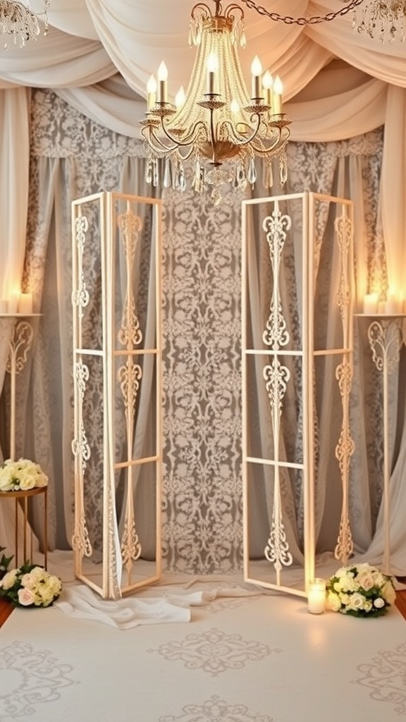 A vintage bridal shower photo backdrop featuring lace, a chandelier, and floral decorations.