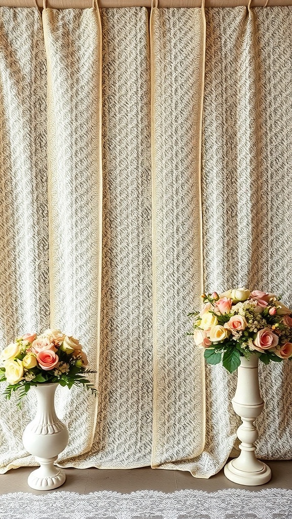 Vintage lace backdrop with floral arrangements on either side.