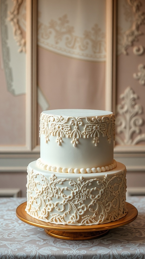 A beautifully decorated two-tiered vintage lace cake.