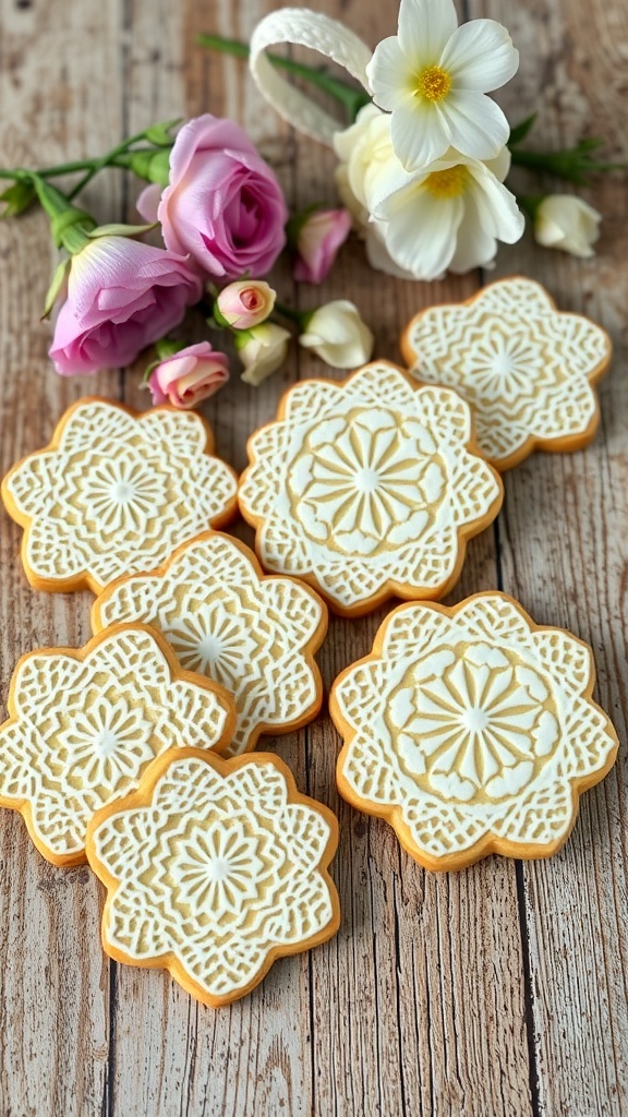 Decorative vintage lace cookies next to roses and flowers.