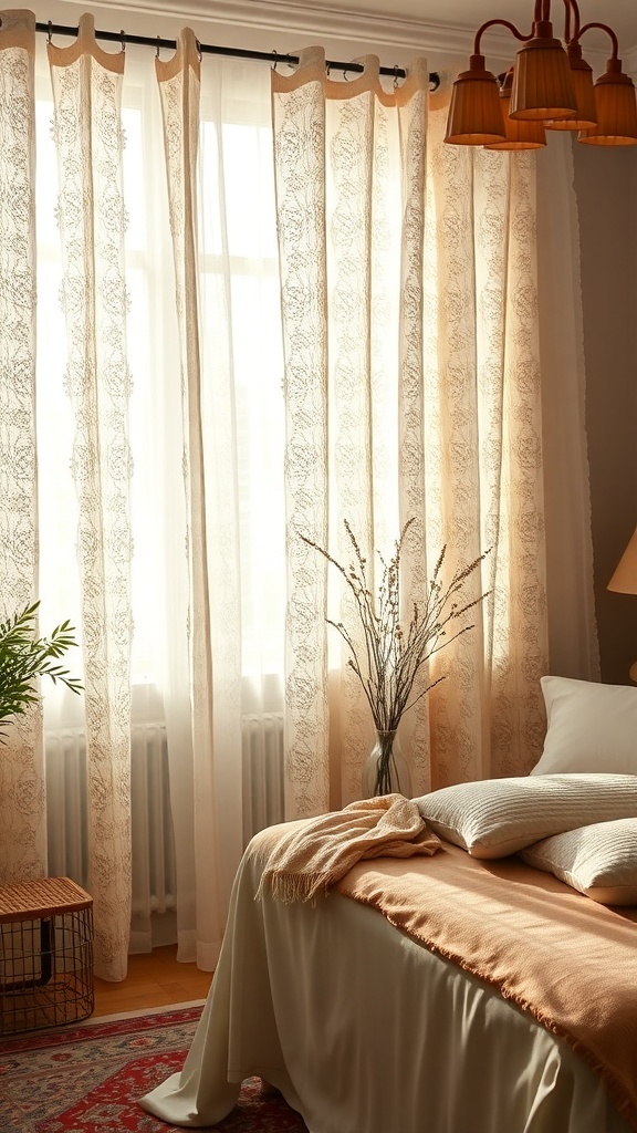 A cozy bedroom featuring vintage lace curtains, soft bedding, and warm lighting.