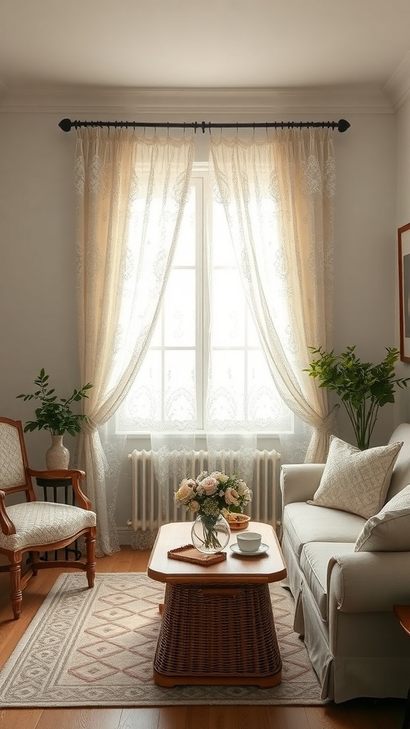 A cozy living room featuring vintage lace curtains, a wooden coffee table, and floral accents.