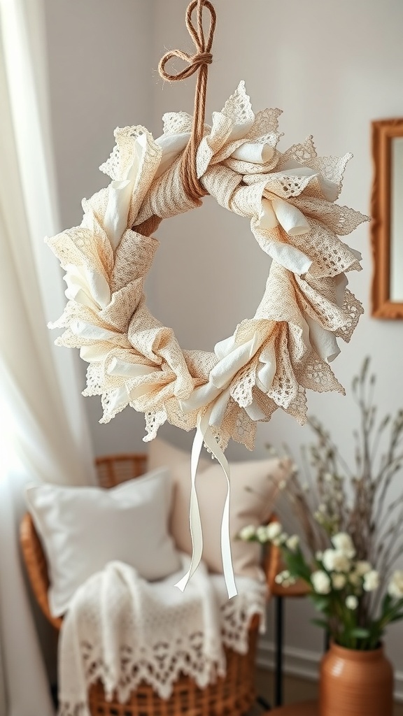 A vintage lace rag wreath made with soft fabrics, hanging in a cozy room.