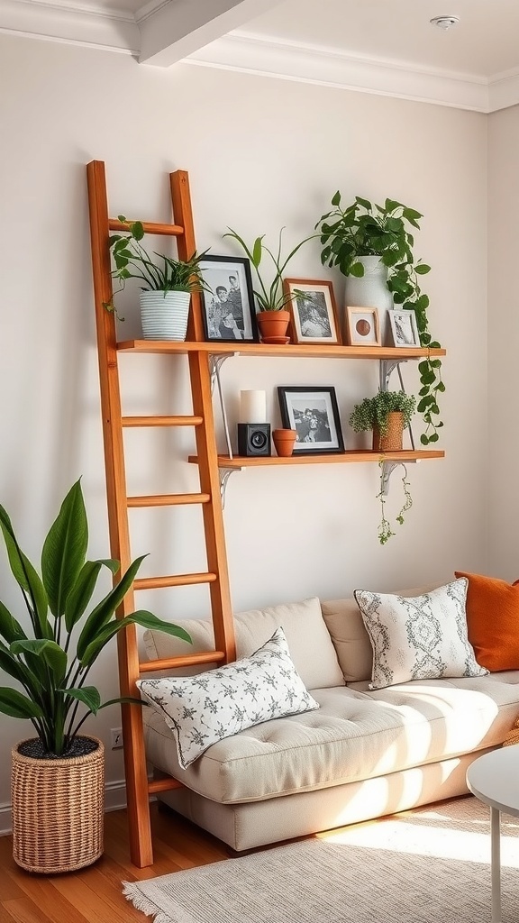 A vintage wooden ladder used as a shelf displaying plants and framed photos, leaning against a wall in a cozy living room.