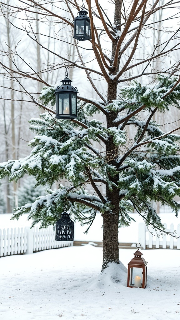A rustic Christmas tree decorated with vintage lanterns, surrounded by snow.