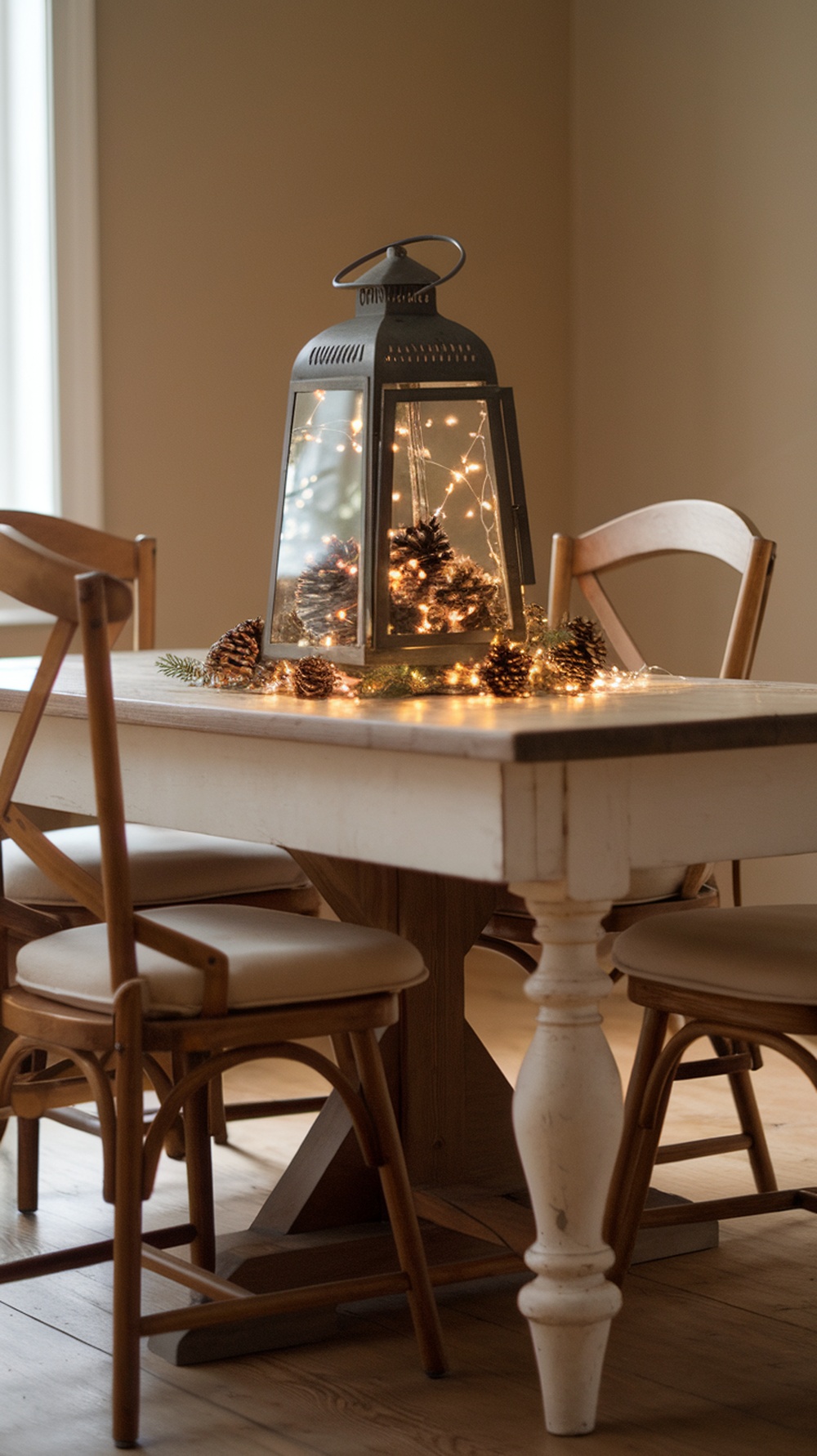 A vintage lantern centerpiece with fairy lights and pinecones on a rustic table