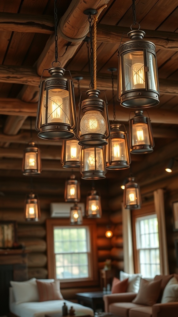 A cozy rustic cabin interior featuring vintage lanterns hanging from the ceiling, illuminating the space with a warm glow.