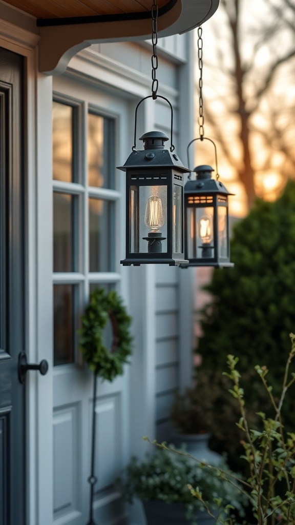 Two vintage lanterns hanging by a front door, with a green wreath and plants nearby.