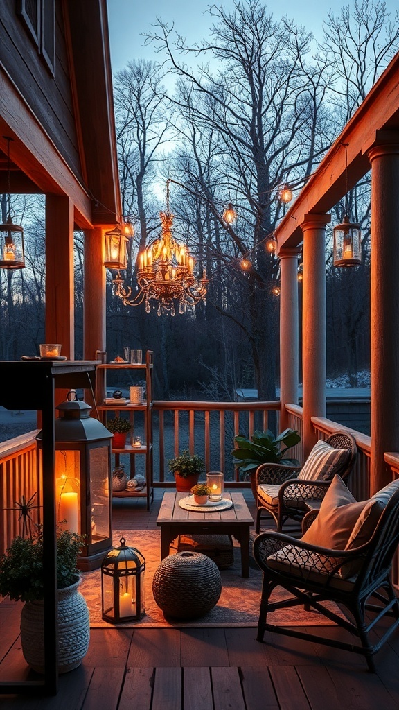 A cozy porch illuminated by vintage lanterns, featuring a chandelier, plants, and comfortable seating.