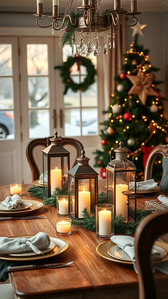 A cozy Christmas dining setup with vintage lanterns, candles, and a decorated tree.