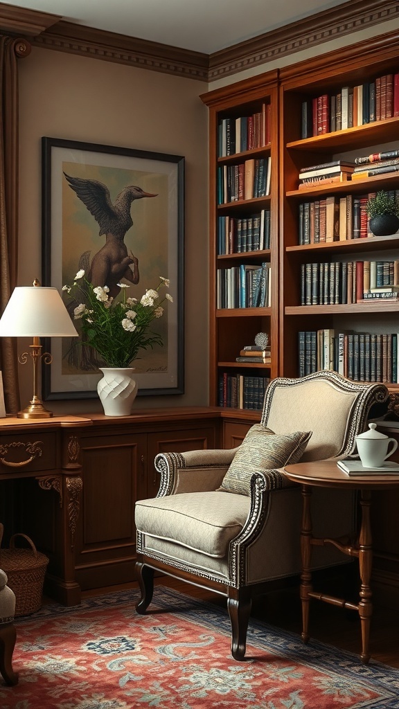A cozy reading corner with a vintage vibe, featuring a comfortable armchair, wooden bookshelves filled with books, a lamp, and decorative flowers.