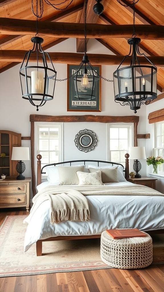 A rustic farmhouse bedroom featuring vintage lantern-style lighting fixtures, wooden ceiling beams, and a cozy bed.