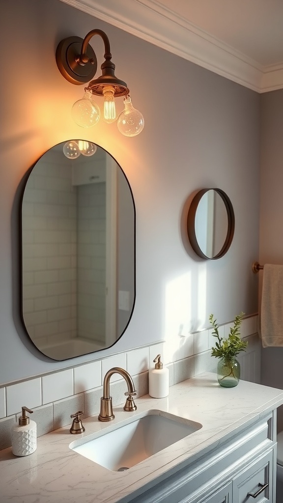 A vintage wall-mounted lighting fixture with three bulbs illuminating a bathroom sink area.