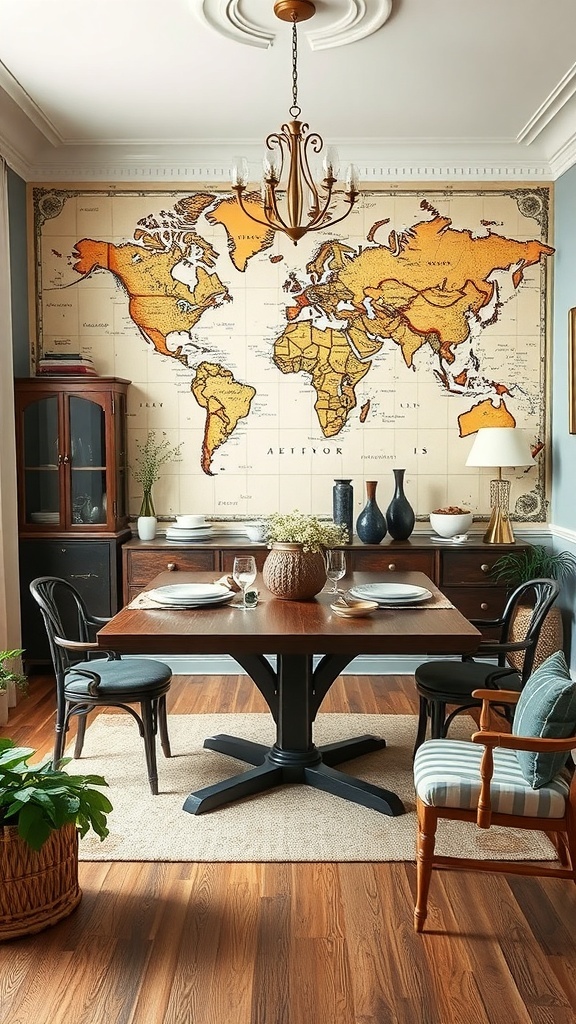 A dining room featuring a vintage map mural on the wall, a wooden table, and stylish chairs.