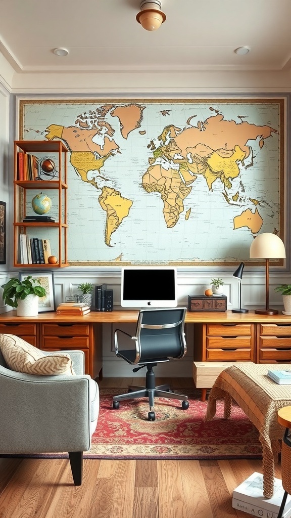 A vintage map accent wall in a cozy home office with wooden furniture and plants.