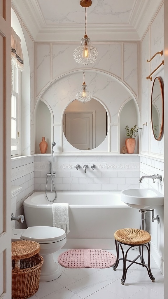 A vintage marble bathroom featuring a bathtub, round mirror, stylish lighting, and decorative elements.