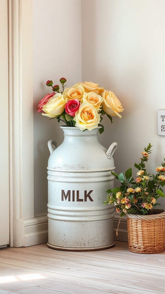 A vintage milk can with flowers inside, placed in a cozy room.