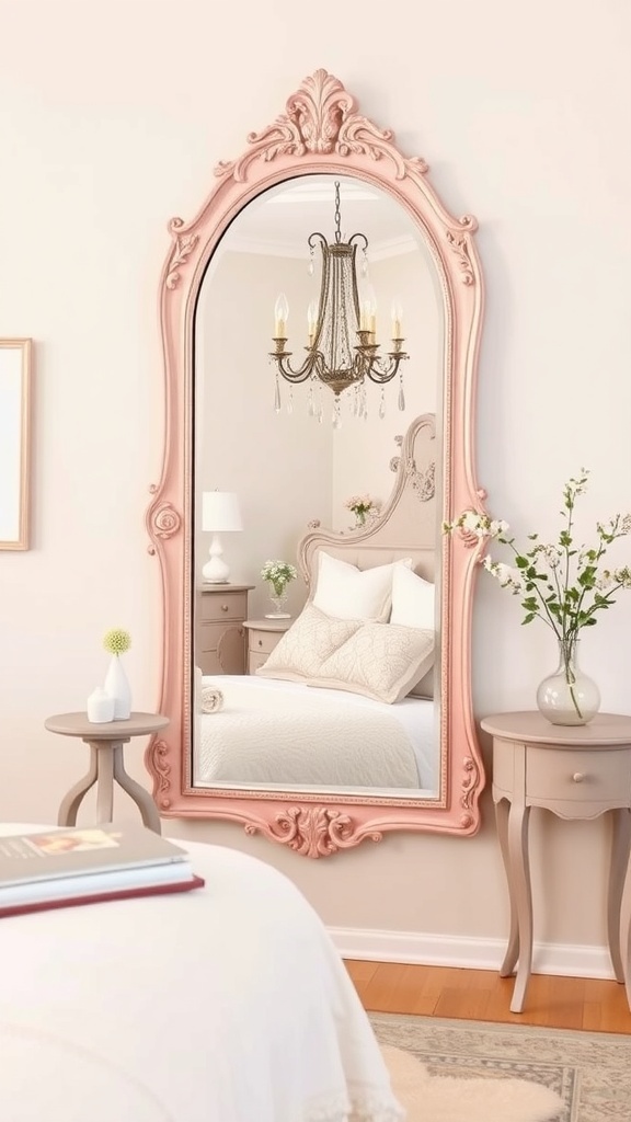 A vintage mirror with a pink frame in a romantic pink bedroom, reflecting a chandelier and soft decor.
