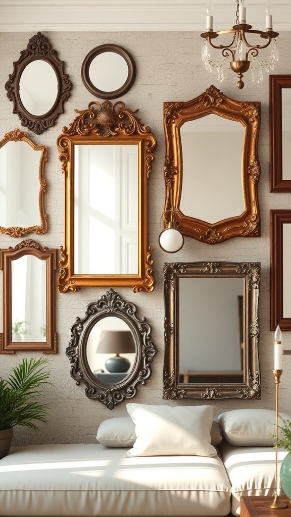 A collection of vintage mirrors in ornate frames displayed on a wall, with a cozy couch and a plant in the foreground.