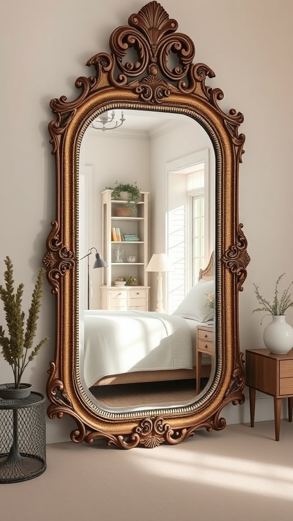 An ornate vintage mirror reflecting a cozy farmhouse bedroom.
