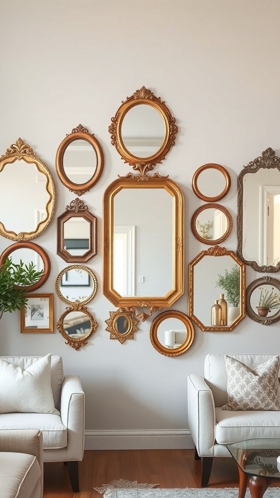 Gallery wall featuring various vintage mirrors in different shapes and sizes with gold and bronze frames