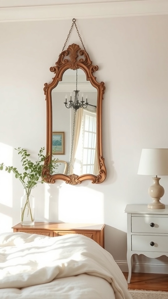 A vintage mirror with an ornate frame hanging on a wall in a cozy bedroom, reflecting sunlight and enhancing the room's charm.