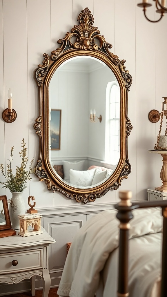 A vintage ornate mirror hanging on a wall in a farmhouse bedroom, reflecting soft light and adding charm to the space.