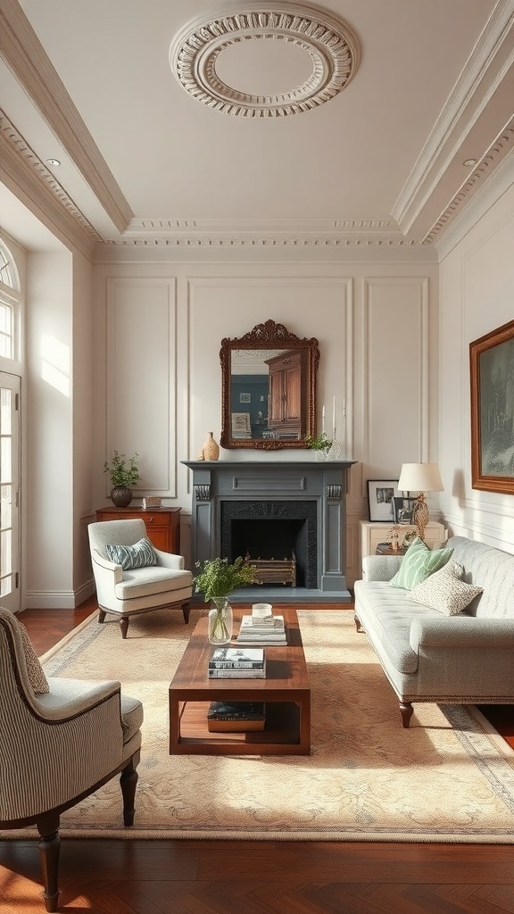 A vintage living room with intricate ceiling moulding and classic wall panels.