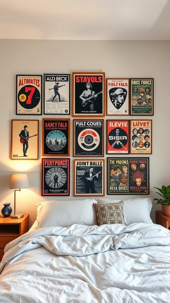 A wall decorated with vintage music posters in a dorm room, featuring various artists and bands.