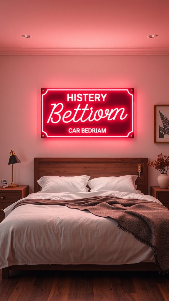 A vintage neon sign replica in pink, displaying the words 'HISTERY BETTIVM CAR BEDRIAM' above a cozy bed.