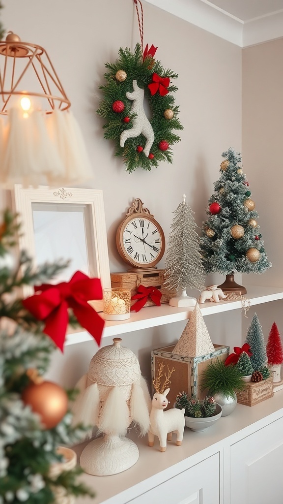 A cozy vintage-inspired Christmas decor setup featuring a wreath, small trees, and festive figurines.