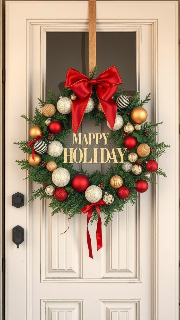 A festive winter wreath with vintage ornaments and a red bow, featuring the words 'MAPPY HOLIDAY'.