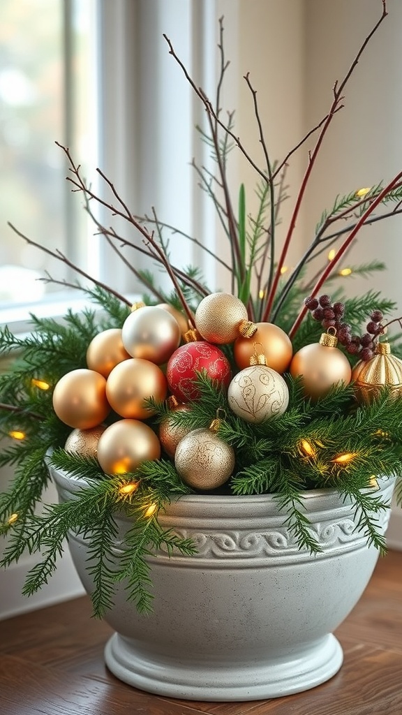 A vintage ornament display in a planter with gold and red ornaments, greenery, and twigs.